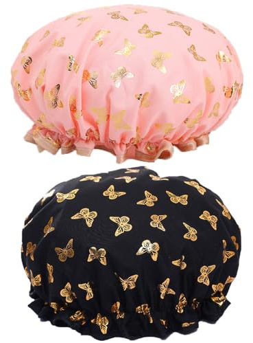2 Pz Doccia Caps - Tappi Da Bagno/Fascia Elastica Doppi Strati Doccia Cap Con Bordo Increspato Copertura Orecchie/Impermeabile Riutilizzabile Bagno Capelli Cappello per Ragazze Donne Spa Salon