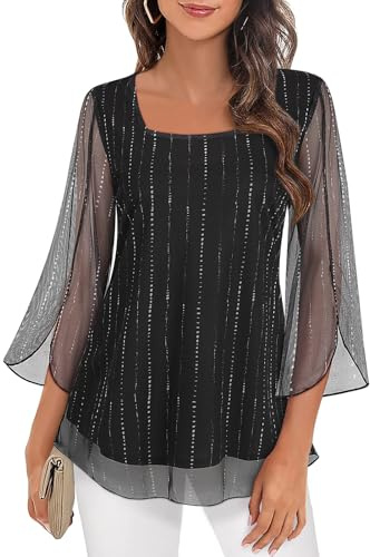 Syphiby Blusas de mujer con manga de 3/4, volantes, estilo túnica, sueltas, de gasa, cuello cuadrado, de doble capa, de malla, M-3XL, Rayas, negro, XL