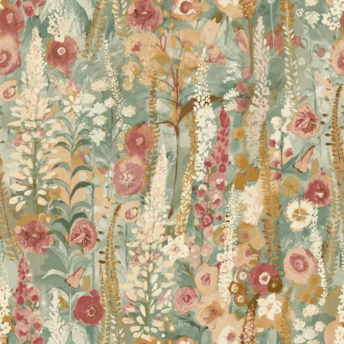 Delphinium Papier peint vert sauge – Motif floral peint – Motif floral botanique traditionnel – Vinyle texturé à coller