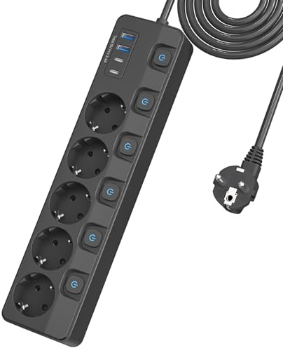KEPLUG - Presa multipla a 5 prese, con interruttore, commutabile singolarmente, con 4 USB, protezione da sovratensione, montaggio a parete, 2 m, prolunga da ufficio, cucina, tavolo