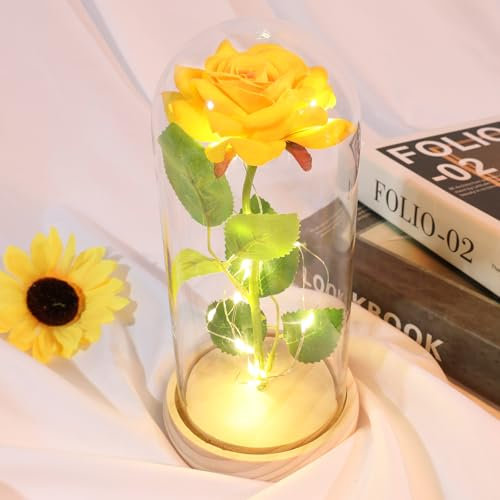 DEEMEI Birthday Gifts for Women Mum Her, Eternal Rose Flowers from Daughter Son, Galaxy Crystal Rose Flower Gift Light Up Rose in a Glass Dome for Girlfriend Wife Anniversary Presents, Yellow