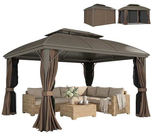 Outsunny 3.65 x 3(m) Hardtop Steel Gazebo Canopy for Patio Heavy Duty Outdoor Pavilion with Aluminium Alloy Frame, Double Roof, Net Sidewalls and Curtains, Coffee