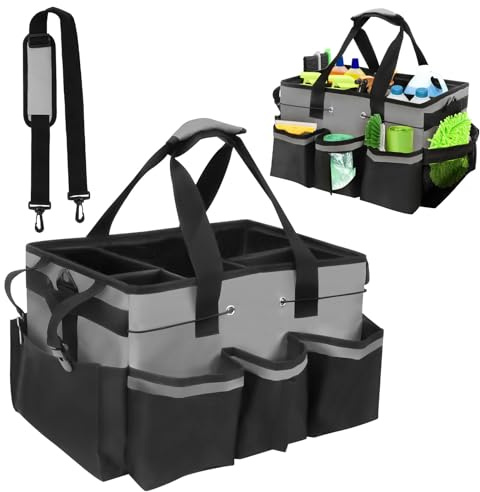 Organizador de Caddy de Limpieza Grande, Bolsa de Limpieza Portátil con Asa y Correas, con 5 Divisores Plegables, Multifunción Espesado Bolsa de Herramientas para Casa, Coche, Jardín (gris)