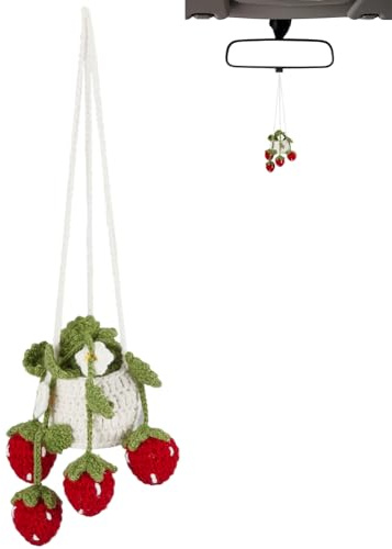GORGECRAFT Strawberry Car Ornament Green Red Wool Woven Flower Plant Basket Handmade Crochet Knitted Potted Mirror Hanging Pendant Decorations for Cars Interior Aesthetic Accessories