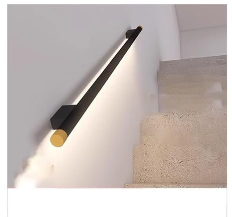 Black Wrought Iron Stair Railing with LED Lampshade Nonslip Indoor Handrail Stylish and Safe Perfect for Home Decor and Lighting