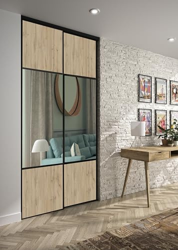 OPTIMUM Porte Coulissante Placard 2 Vantaux – Chêne Sauvage & Miroir Argenté – Style Moderne pour Dressing ou Séparation – Panneaux Bois et Miroir (chêne Authentique, 120x250 cm)