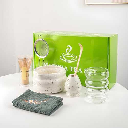 Matcha Whisk Set with Matcha Bowl, 8Pcs Matcha Tea Set Matcha Whisk and Holder, Matcha Cup, Scoop, Sifter and Tea Cloth(White-02)