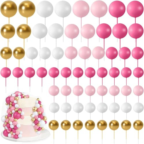 66 Pcs Ball Cake Topper Decorations, Mini Balloons Cake Topper, Balls Cake Decorations for Wedding Party Birthday Cake Toppers (Rose Pink Gold White)