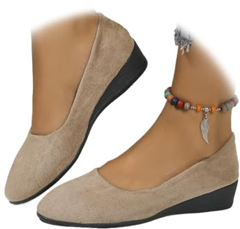 Scarpe da donna comode, elastiche incrociate, con zeppa, ballerina, alla caviglia, con cinturino incrociato, punta arrotondata, comoda pompa, Camoscio Khaki, 36 EU