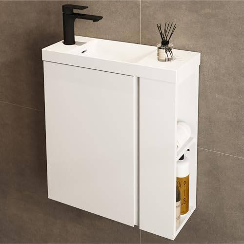 JINDOLI Waschbecken mit Unterschrank 55 cm - Badmöbel Set mit 2 Tier seitliche Ablagen außen & Haken, Vormontiert Waschbeckenunterschrank Klein für Bäder - Mattweiß (inkl. Schwarz Matt Armatur)