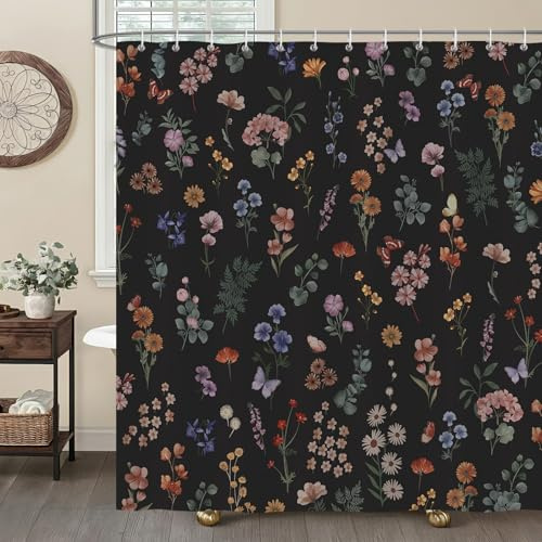 COZZSNUGE Duschvorhang 180 x 180 cm Schwarz Blumen, Boho Blume Blätter Pflanze Landhaus Duschvorhänge Anti-schimmel Wasserdicht Polyester Stoff Badvorhang mit 12 Duschvorhangringen
