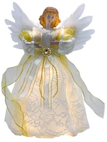 LeeQinersw Engel Baumspitze LED Weihnachtsbaumfigur Stoffdekor Puppe mit Lichtfunktion Und Feinem Kleid für Wohnraum Büro Tischdeko Festsaal, Weiß Und Gold