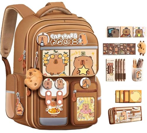 Générique Capybara Sac à Dos pour L'école, Sac d'école Fille Capybara, avec bandes réfléchissantes de grande capacité, Kawaii Preppy Esthétique Y2k Sac à Dos