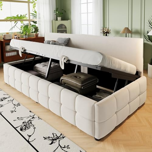 Qsddk Schlafsofa Polsterbett 90x200 cm, Hydraulisches Bett mit Stauraum, Einzelbett Tagesbett mit Markantem, Bettgestell mit Lattenrost, Samt, Beige, Ohne Matratze