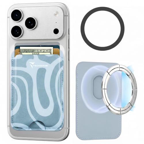TECHMADE Korthållare kompatibel för iPhone, adapterring ingår - plats för 3 kort eller kontanter, snabbt utdragningssystem - RFID-blockering, veganskt konstläder, Fantasy Blue, Taglia Unica