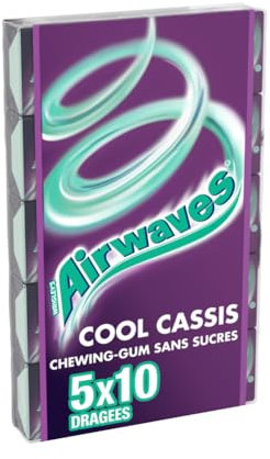 AIRWAVES - Chewing Gum Sans Sucre - Goût Cassis - Fraîcheur Mentholée - 5 Paquets de 10 Dragées - 70g