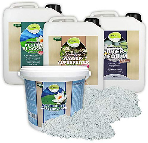 primuspet Natürliches Gartenteich Wasserpflege Sparset (4er Sparset: Wasseraufbereiter, Algen-Blocker, Filtermedium + GRATIS Wasserklärer), Set-Größe:Set 5000