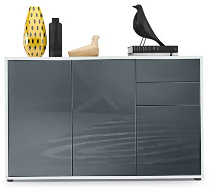 Vladon Sideboard Ben V3, Kommode mit 3 Türen und 2 Schubladen, Weiß matt/Grau Hochglanz (117 x 74 x 36 cm)