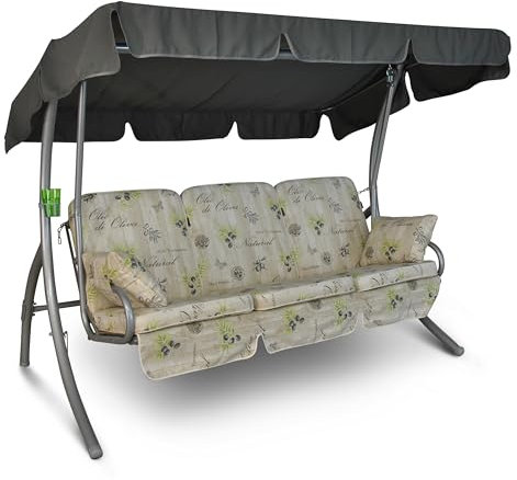Angerer Hollywoodschaukel Comfort – Schaukel zum Sitzen, Liegen & Entspannen, inkl. Bett-Funktion, einfache Montage, Made in Germany, hochwertiger Stoff, Beige Gemustert Olive