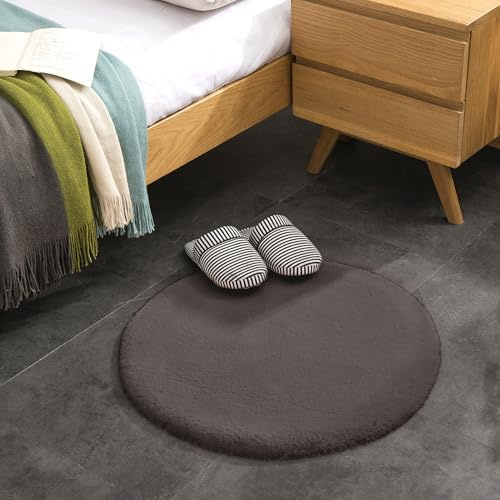 Kunst-Fell-Teppich Kurzflor | Flauschiger Wohnzimmer-Teppich, als Schlafzimmer Deko oder Kinderzimmer | rutschfest und waschbar in Waschmaschine | Dunkelgrau - Rund 60cm