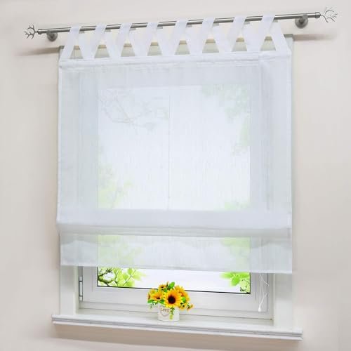 Delien weißes Raffrollo in Leinen-Optik transparentes Raffrollo mit V Schlaufen Unifarbiges Schals Fenster Gardine BxH 120x140cm 1 St.
