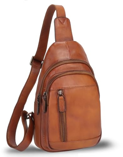 Genuine Leather Sling Bag Chest Shoulder Pack Crossbody Casual Daypack Vintage Handmade Hiking Backpack Motorcycle Bag (Brown) Medium