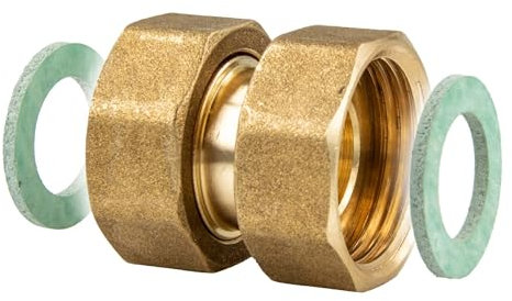 tecuro Verschraubung mit beidseitig drehbaren Überwurfmuttern, 1/2 x 3/4 Zoll, flachdichtend, Innengewinde Rp, DVGW zugelassen, Messing CW617N