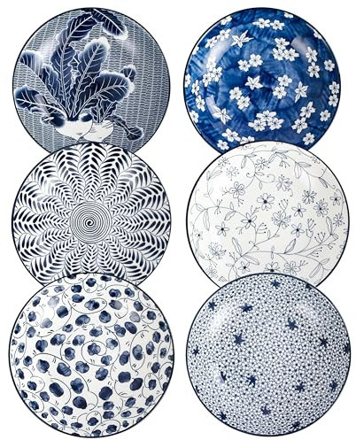 Swuut Keramik Pastateller Set von 6, Blau und Weiß Porzellan 20cm Salatschüsseln, Abendessen Flache Teller Servieren Vorspeise Salat Dessert Snack Schale (20cm)