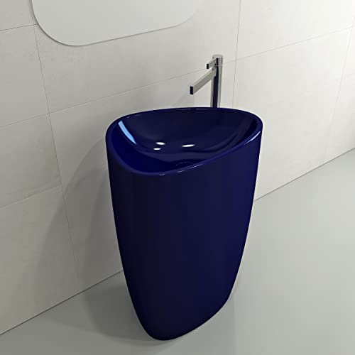 BOCCHI Etna Monoblock Pedestal Sink Fireclay 33.75 in. with Matching Drain Cover in Sapphire Blue