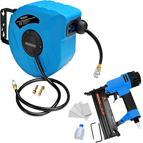 MONZANA® Druckluft Schlauchtrommel automatisch 10m 1/4' Aufroller inkl. 2in1 Drucklufttacker 100 Klammern 100 Nägel