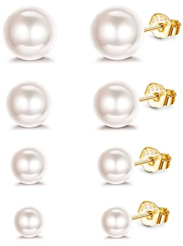 ORAZIO 4 Pairs 925 Sterling Silver Pearl Earrings Round Ball Pearls Stud Earrings Hypoallergenic 6-9mm Mixed Sizes Freshwater Cultured Pearl Earrings Set For Girls Women