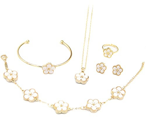 FDEETY Elegante Blumen Schmucksets Für Frauen 7 Teiliges Set Mit Halskette Armband Ohrringen Und Ring Vergoldet Modischer Schmuck Für Besondere Anlässe