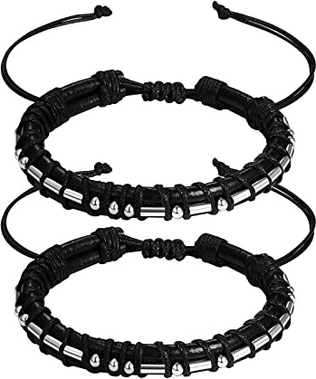 JewelryWe Schmuck Pärchen Armband verstellbar Leder geflochten Armreifen Partner Armbänder Freundschaftsarmband Valentinstag Paare Geschenk für Herren Damen Schwarz