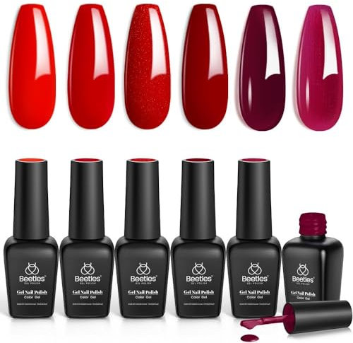 Beetles Smalto Semipermente per Unghie in Gel, Set di Gel Smalto per Unghie 6 Colori 7.5 ml, Si Asciuga sotto Lampada UV/LED, Kit Manicure Rosso Scintillante Regalo di San Valentino per Donna Uomo