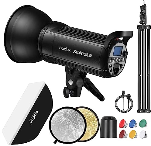 Godox SK400IIV 400Ws Photo Studio Strobe Flash Light Kit,GN65 2.4G X System,Bowens Mount with 10W LED Modeling Lamp,Tripod Stand,Softbox,Reflector for Wedding,Portrait,Fashion,Product Photography