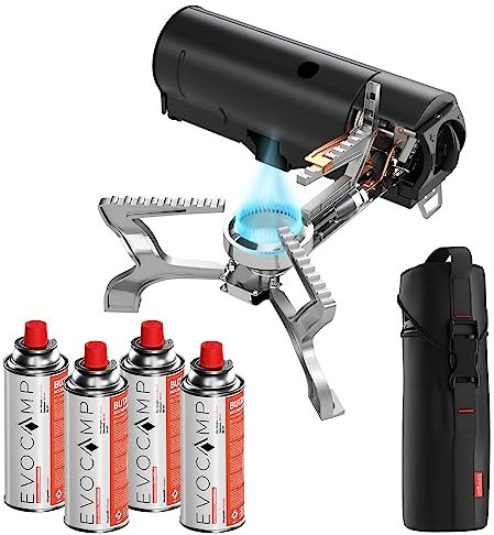 EVOCAMP Campingkocher mit 4 Gaskartuschen MSF-1a 227g, Camping Gaskocher faltbar mit Tragetasche, klappbaren Gas Campingkocher mit Wärmeleitblech, Camping Kocher mit Piezozündung