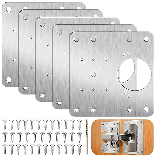 5PCS Hinge Repair Plate Stainless Steel Hinges Repair Brackets with Holes | Kitchen Door Hinge Repair Plate with 35 Pcs Screws Flat Fixing Joining Mending Cupboard Door Brackets for Wood Furniture