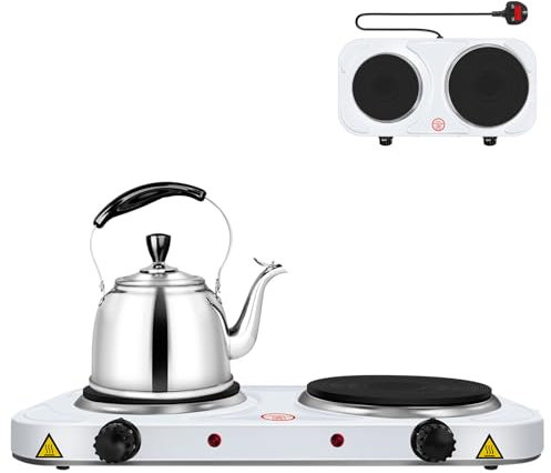 Hot Plate 2 Ring Hobs with Cast Iron Heating Plates with 5 Levels Separate Thermostat Control Portable Electric Table-Top Cooking for Home, Camping & Caravan (1000W＋1500W) - White