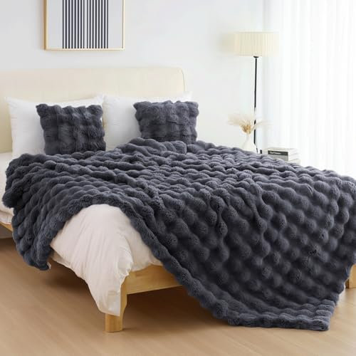 IKALIFE Weiche Kunstfelldecke Kuscheldecke Felloptik - Kunstfell Decke Plüsch Flauschig Felldecke Faux Kaninchenfell Decke Kuscheldecke Fell Bubble Decken für Couch Bett Sofa, 130 x 150cm Grau