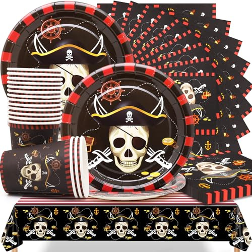 Huaxintoys Piraten Geburtstag Geschirr Set, Schatzkarten Deko Partei Set Einschließlich 16 Dessert Teller, 16 Becher, 20 Servietten und 1 Tischdecke für Kinder Party Geburtstag Dekoration