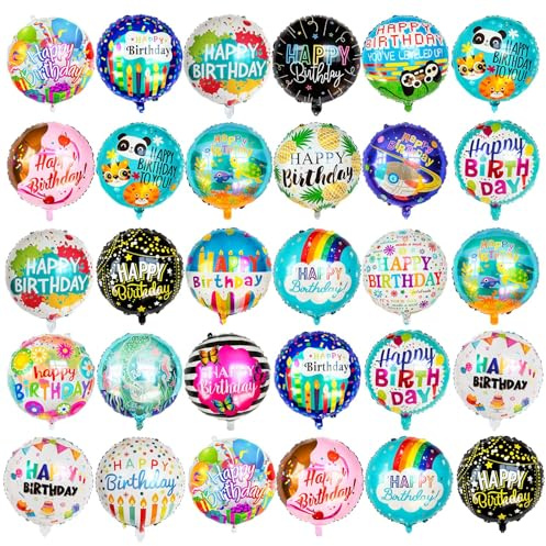100 Pcs Happy Birthday Foil Balloons, 18IN Round Birthday Mylar Balloons for Party Decoration Supplies (20 Style)