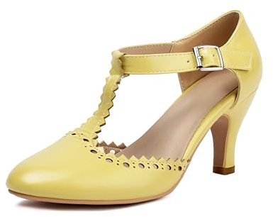 elerhythm dam Mary Jane Wingtip stängning rund tå vintage 1920-talet Gatsby klackar retro 1950-talet viktorianska pumps skor, GUL, 39 EU