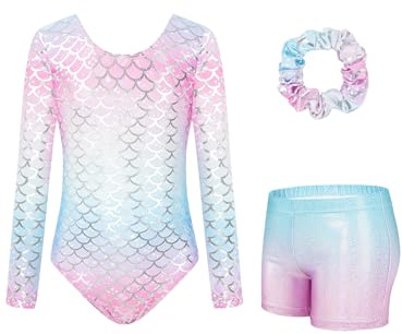 JiAmy Conjunto de leotardos de gimnasia para niñas con pantalones cortos, conjunto de manga larga para niños de 3 a 12 años, Escala de sirena, 11-12 años