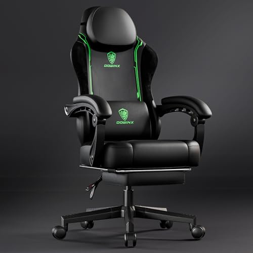 Dowinx Gaming Chair for Adults With Footrest, Ergonomic High Back Leather Chair With Pocket Spring Cushion, Massage Lumbar Support - 200kg Black & Green