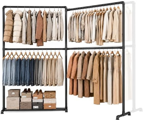 LOEFME Heavy Duty Clothes Rail with Four Hanging Rails, Space-Saving Corner Clothes Rack with 360° Foldable Side Arms and Bottom Storage Shelf, 150 kg Load Capacity (Black)