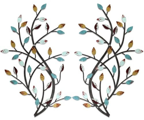 Meltset Metal Tree Leaf Wall Decor, Vine Olive Leaf Branch Wall Art, Wrought Iron Scroll Artwork, Decorative Wall Sculptures Above The Bed, Living Room, Hallway, Indoor and Outdoor（S/Farmhouse）