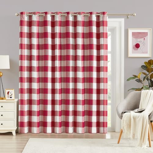 Melodieux Buffalo Check Plaid Sliding Door Curtains 96 Inches Long, Extra Wide Blackout Curtains Thermal Insulated Living Room Divider Patio Door Drape Grommet, Red, 100 x 96 Inch, 1 Panel