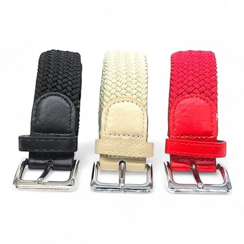 SEGMENTES Elastischer geflochtener Gürtel, 3er-Set für Damen und Herren, Einheitsgröße, für Anzug oder Freizeit, Länge von 110 bis 140 cm, Creme, Rot und Schwarz