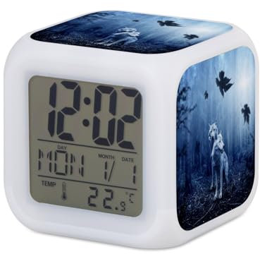 Fabulous Réveil Cube Lumineux Blanc - Couple de Loup Foret Sombre Animaux Sauvages Nature - 7,8 x 7,8 x 7,8 cm - Retro Éclairage Multicolore LED
