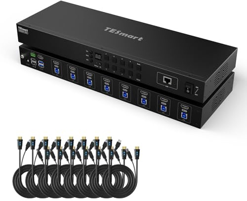 TESmart Conmutador KVM HDMI USB 3.0 de 8 puertos 4K a 60Hz, 8X1 para montaje en rack KVM Emulador EDID de grado empresarial | Interruptor de tecla rápida | RS232 | Puerto LAN | Control remoto IR |